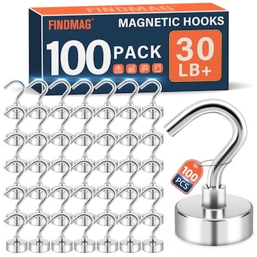 FINDMAG Magnetic Hooks for Cruise Cabins 30lbs Strong Magnet Hooks Heavy Duty N52 Rare Earth Magnetic Hooks for Hanging 2026 Cruise Cabin Ship Essentials Kitchen Home Workshop 100 Pack Silver