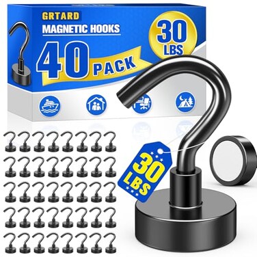 Grtard 40 Pack Black Magnetic Hooks 30LBS Neodymium Magnet Hooks Heavy Duty Strong Magnetic Hooks for Hanging Magnets with Hooks for Fridge Cruise Cabin Home Kitchen Workplace Office