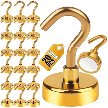 DIYMAG Magnetic Hooks Gold 30Lbs Strong Heavy Duty Cruise Magnet SHook for Classroom Fridge Hanging Cabins Grill Kitchen Garage Workplace and Office Etc 20 Pack