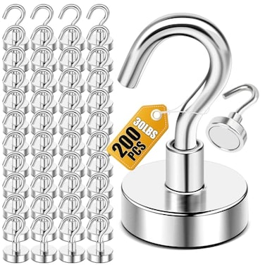 DIYMAG Magnetic Hooks 30Lbs Strong Heavy Duty Cruise Magnet SHooks for Classroom Fridge Hanging Cabins Grill Kitchen Garage Workplace and Office Etc 200 PackSilverScrew in Hook