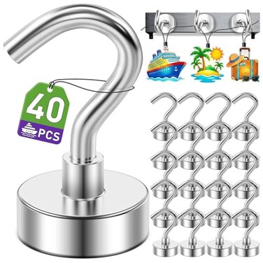 Mukfirm 40 Pack Magnetic Hooks for 2026 Cruise Cabins Beach Vacation 30lbs Heavy Duty Magnet with Hook Metal Magnetic Hooks for Kitchen Fridge Grills Hanging Magnet Hooks for Classroom Locker Utensil