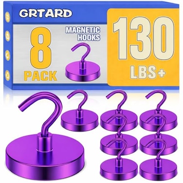 Grtard 130LBS Magnetic Hooks 8 Pack Strong Magnetic Hooks for Cruise Cabins Magnet Hooks Heavy Duty for Fridge Magnets with Hook for Hanging Grill Garage Cruise Ship Essentials Purple