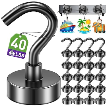 Mukfirm 40 Pack Magnetic Hooks for 2026 Cruise Cabins Beach Vacation 30lbs Heavy Duty Magnet with Hook Metal Magnetic Hooks for Kitchen Fridge Grills Hanging Magnet Hooks for Classroom Locker Utensil