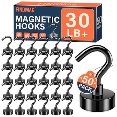 FINDMAG Black Magnetic Hooks 30 lbs Strong Neodymium Magnet Hooks for Hanging Magnet with Hook for Cruise Grill Fridge Pack of 50