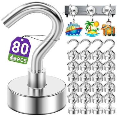 Mukfirm 80 Pack Magnetic Hooks for 2026 Cruise Cabins Beach Vacation 30lbs Heavy Duty Magnet with Hook Metal Magnetic Hooks for Kitchen Fridge Grills Hanging Magnet Hooks for Classroom Locker Utensil