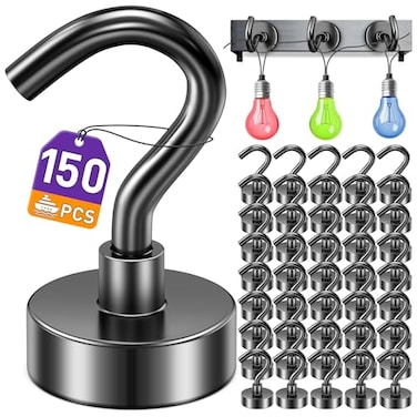 Mukfirm 150 Pack Magnetic Hooks for 2026 Cruise Cabins Beach Vacation 30lbs Heavy Duty Magnet with Hook Metal Magnetic Hooks for Kitchen Fridge Grills Hanging Magnet Hooks for Classroom Locker Utensil