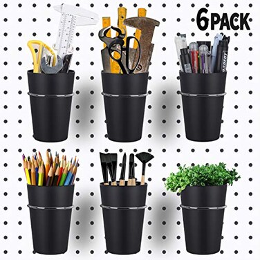Kuhome 6 Set Ring Style Pegboard Hooks with Pegboard Cups Black Stainless Steel Plastic Ideal for Craft Room Work Bench Garage