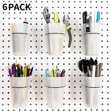 Kuhome 6 Set Pegboard Hooks with Cups Ring Style Bins with Rings Pegboard Cup Holder Accessories for Organizing Storage Transparent