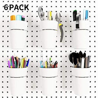 Kuhome 6 Sets Pegboard Hooks with Pegboard Cups Ring Style Pegboard Bins with Rings Pegboard Cup Holder Accessories for Organizing Storage White