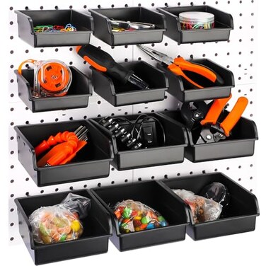 Roowest 12 Pieces Pegboard Bins Kit 35 55 Plastic Peg Board Storage Bins with Hooks Pegboard Accessories Workbench Bins Fits Any Peg Board for Organizing Hardware Garage Craft Room Tool Shed