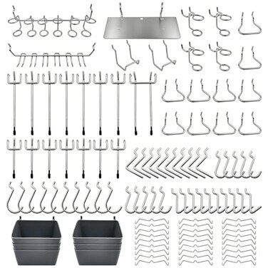 FRIMOONY Pegboard Hooks Assortment with Pegboard Bins Peg Locks for Organizing Various Tools 140 Piece