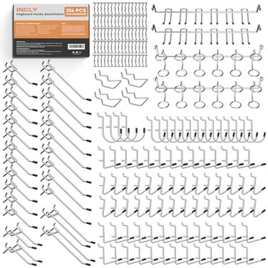 INCLY Pegboard Hooks Set for Hanging Tools 206PCS Heavy Duty Peg Hook Hanger Holder Fit 14 18 Inch Pegboard for Craft Assortment Garage Organizer Bins Attachment Peg Board Accessories
