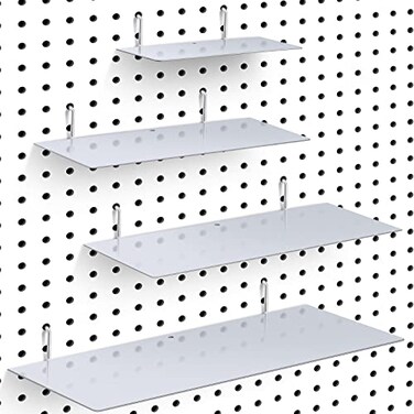 Funrous 4 Pack Pegboard Shelves Wall Organizer Peg Board Shelf Brackets Steel Tray Pegboard Accessories Organizing Tools for Craft Room Home Garage Nursery Workbench KitchenMixed SizesSilver