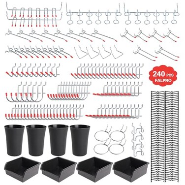 FALPRO 240PCS Pegboard Hooks Assortment Pegboard Organizer Kit with Bins Cups 18 and 14 inch Hooks for Hanging Tools Garage Wall Organization