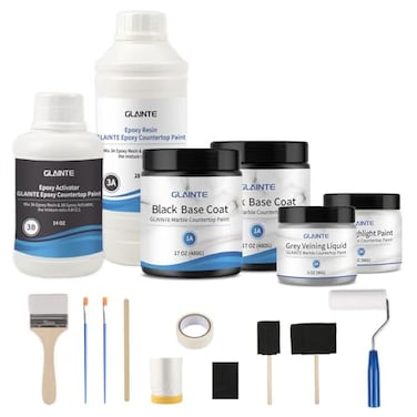 GLAINTE Black Marble Countertop Paint Kit Epoxy Countertop Refinishing Paint Kit Kitchen Bathroom Coating For Marble Granite Formica Laminate Cover 38 SqFt