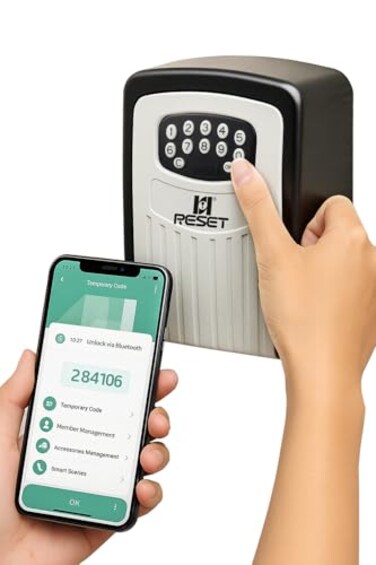 RESET104 Bluetooth Key Lock Box WeatherResistant IPX5Durable Metal Construction Backlit Keypad Preset 6Digit Code Customizable to 810 Digits Ideal for Outdoor Home or Office Use