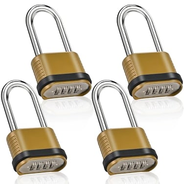 Locilot 4 Pack Long Shackle Combination Padlock 105mm Heavy Duty Combination Locks Outdoor Waterproof Combo Lock for Outdoor Fence Locker Sheds Gym Gate Hasps Golden 4pcs Long Shackle