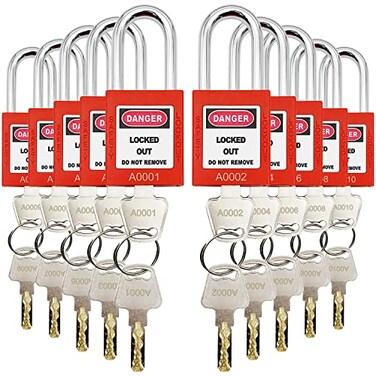 SAFBY 10 Keyed Different Lockout Tagout Lock Loto Safe Padlocks for Lock Out Tag Out Stations and Devices Red Key Different