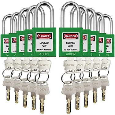 SAFBY 10 Keyed Different Lockout Tagout Lock Loto Safe Padlocks for Lock Out Tag Out Stations and Devices Green Key Different