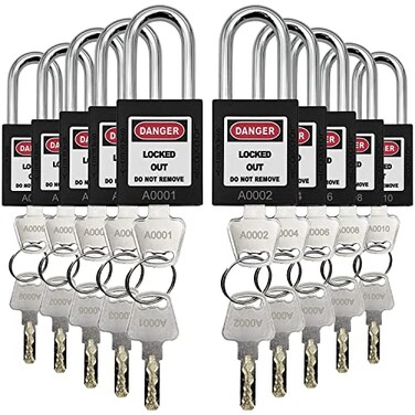 SAFBY 10 Keyed Different Lockout Tagout Lock Loto Safe Padlocks for Lock Out Tag Out Stations and Devices Black Key Different
