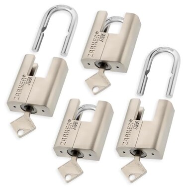 Zarker J45S keyed Alike Padlocks Heavy Duty Stainless Steel Shackle Lock 12 Keys Waterproof and Rustproof Storage Warehouses Garage Outdoors 4Pack