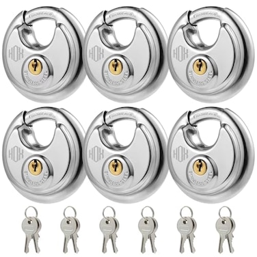 HOX Keyed Disc Padlock Stainless Steel KeyedAlike Padlocks 6Pack Heavy Duty Locks Waterproof Outdoors Lock with 38 Inch Shackle 234 Inch Wide Body for Hasp Latch Fences Storage Locker