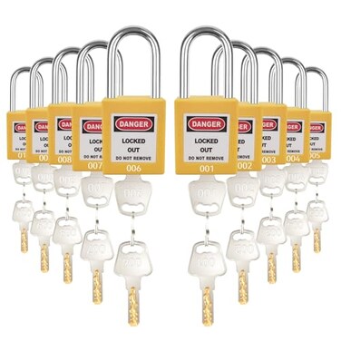 BULANGDI Lockout Tagout Lock Set10pcs Keyed Different Yellow 2 Keys OSHA Compliant Safety Padlocks for Electrical Lockout Tag Out Kit