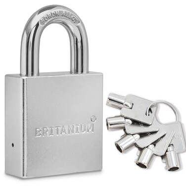 Britanium SFL60 Professional Grade Padlock Chrome Plated Steel with Boron Alloy Shackle 5 Tumbler Keys WeatherResistant Design for Storage Commercial Security