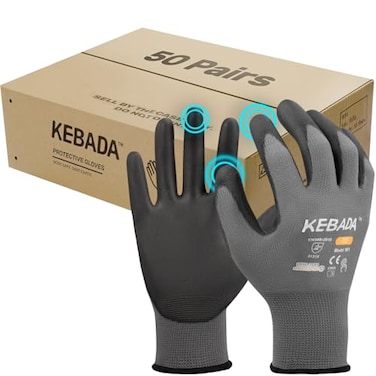 Kebada W1 Work Gloves for Men and Women Touchscreen PU Coated Gloves with Grip 50 Pairs Bulk Pack Ideal for Warehouse Package Handling Construction Gardening Gray Large