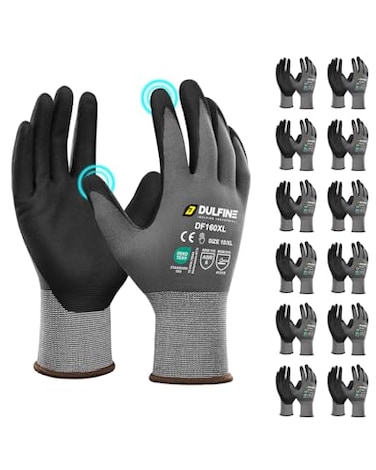 DULFINE Safety Work Gloves MicroFoam Nitrile Coated12 Pairs PackSeamless Knit Nylon Glove with Black MicroFoam Nitrile GripIdeal for General PurposeAutomotiveHome ImprovementPaintingMedium