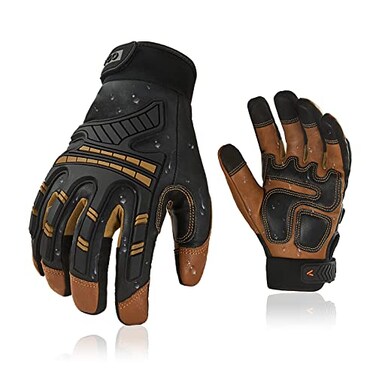 Vgo... Vgo 1Pair High Dexterity Water Repellent Goat Leather Heavy Duty Mechanic GloveRigger GloveAntiVibrationAntiAbrasionTouchscreen Size LBrownGA8954