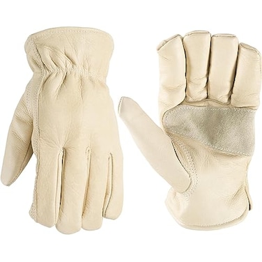 Wells Lamont Leather Work Gloves for Men Grain Cowhide Reinforced Palm Ideal for Construction Farming Ranching Ergonomic Fit Keystone Thumb Elasticized Wrist Beige Small 1130S
