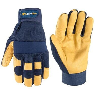 Wells Lamont Mens Leather Palm Work Gloves HydraHyde WaterResistant Leather Flexible Spandex Back Adjustable Closure Ideal for Construction Landscaping DIY Projects Blue XLarge 3207XL