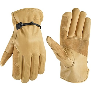 Wells Lamont Leather Work Gloves for Men Heavy Duty Cowhide Abrasion Puncture Resistant Adjustable Wrist Gunn Cut Design Ideal for Ranching Farming Construction Timber L
