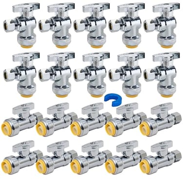 SUNGATOR 12 Shut Off Valve 10 Each Straight Stop and Angle Stop Shutoff 12 x 38 Inch Compression No Lead Brass Push Pex Valve for PEX Pipe Copper CPVC with 1 Disconnect Clip Pack of 20
