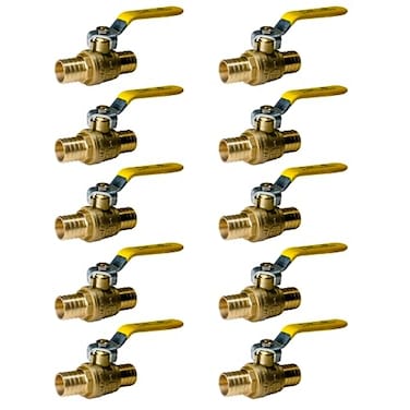 XFITTING 10 Pack Pex Barb 1 Inch Ball Valve Yellow Handle Full Port Pex Ball Valve Brass