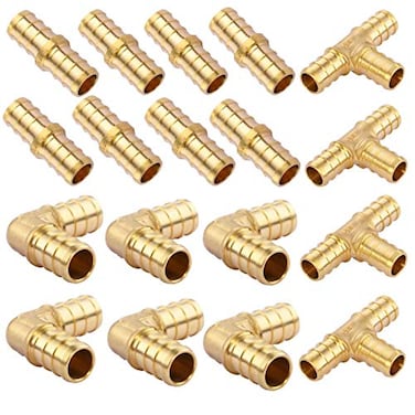 Litorange 18 PCS 12 inch T PEX Tee4PCS 90 Degree Elbow6PCS Straight Coupling 12 8PCS LeadFree Brass Barb Crimp Pipe FittingFittings