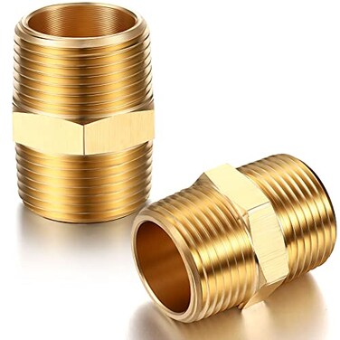 Hotop 2 Pieces Brass Pipe Fitting 34 x 34 Inch NPT Brass Hex Nipple Male Pipe Adapter Straight Connector Fitting