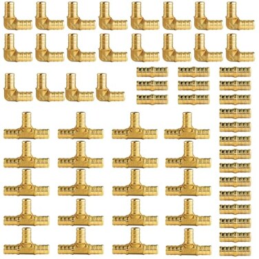 WiseWater 60 Pcs Pex Fittings 12 inch T PEX Tee20PCS 90 Degree Elbow Straight Coupling Brass Barb Crimp Pipe Fitting for Pex PipePack of 60 UPC