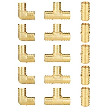 SUNGATOR 15Pack 34 Inch PEX Fittings 5 Each Elbow Tee Coupling No Lead Brass Pex Fittings 34 Inch Assortment UPC NSF