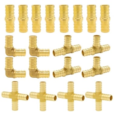 Hooshing 20PCS PEX Fittings Combo 12 Inch Straight Coupling 90 Degree Elbow Tee 4 Ways Fittings Solid Brass Barb Crimp Pipe Hose Fittings