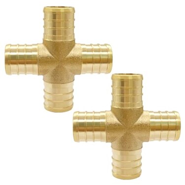 Uenede 2PCS LF Brass 34 Inch PEX 4 Way Cross Coupling Barb Crimp Pipe Tube Fitting
