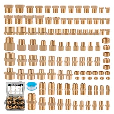 Ailbiuko 106PCS Brass Pipe Fittings Assortment Kit NPT Extension AdapterReducer BushingHex NippleClose NippleReducing Hex CouplingHex Head PlugsHex head CapSocket Plug Kit
