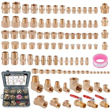Ailbiuko 105PCS Brass Pipe Fittings Assortment Kit NPT AdapterReducer Bushing Hex Nipple Reducing Hex Coupling90 Degree Street ElbowStreet TeeBall ValveHex Head PlugsSocket Plug Fittings Kits
