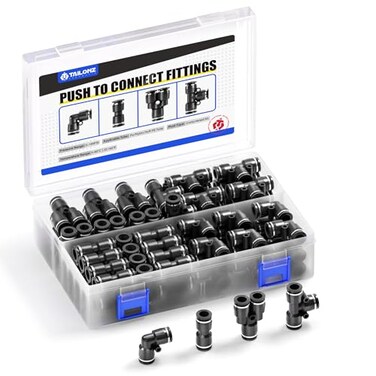 TAILONZ PNEUMATIC Black 14 Inch od Push to Connect Fittings Pneumatic Fittings Kit 20 Spliters20 Elbows20 tee20 Straight 80 pcs