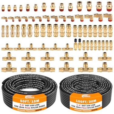 CheeMuii 76 PCS Brass DOT Air Line Fittings with 100FT 14 and 50FT 38 DOT Air Line Kit Push Lock Air Fitting Quick Connect NPT Thread Fittings with Pneumatic Tubing Set