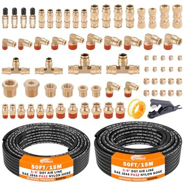 CheeMuii 72 PCS Brass DOT Air Line Fittings with 50FT 14 and 50FT 38 DOT Air Line Kit Push Lock Air Fitting Quick Connect NPT Thread Fittings with Pneumatic Tubing