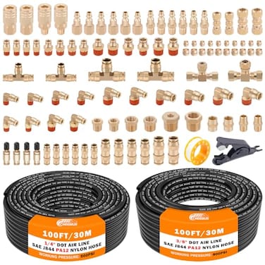 CheeMuii 100 PCS Brass DOT Air Line Fittings with 100FT 14 and 100FT 38 DOT Air Line Kit Push Lock Air Fitting Quick Connect NPT Thread Fittings with Pneumatic Tubing