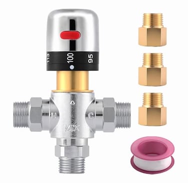 TreMax Thermostatic Mixing Valve Hot Cold Water Mixer 12 NPT Connection Brass Grey