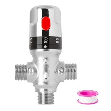 WiseWater 3Way Thermostatic Mixing Valve 12 NPT Thread Chrome Plated Brass Fahrenheit Scale Mark Constant Temperature Control for Bathroom Faucet and Shower